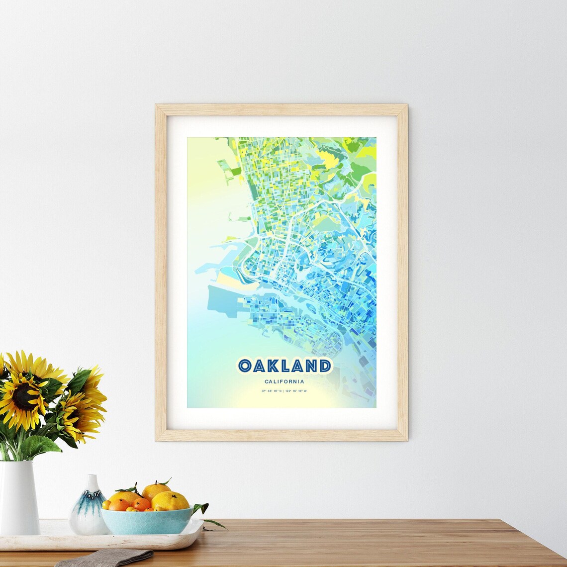 Oakland California Bluish Watercolor Modern Decorative City Map Art Poster - Image 2
