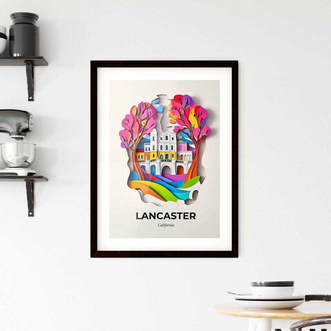 Lancaster California Colorful Paper Cut Mission Building Travel Poster - Image 2