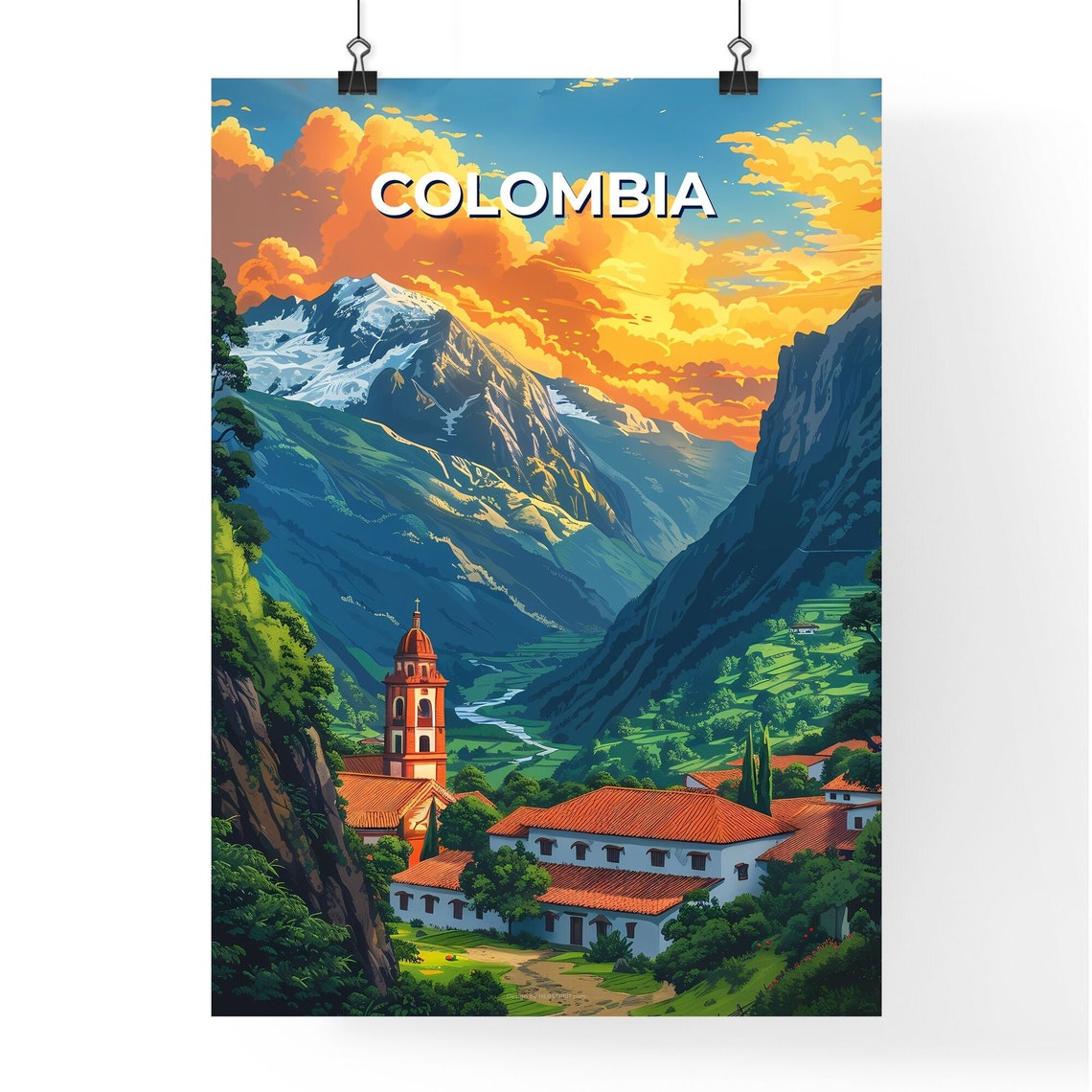 Colombia Colonial Church Valley Snowy Andes Peak Sunset Travel Poster - Image 4