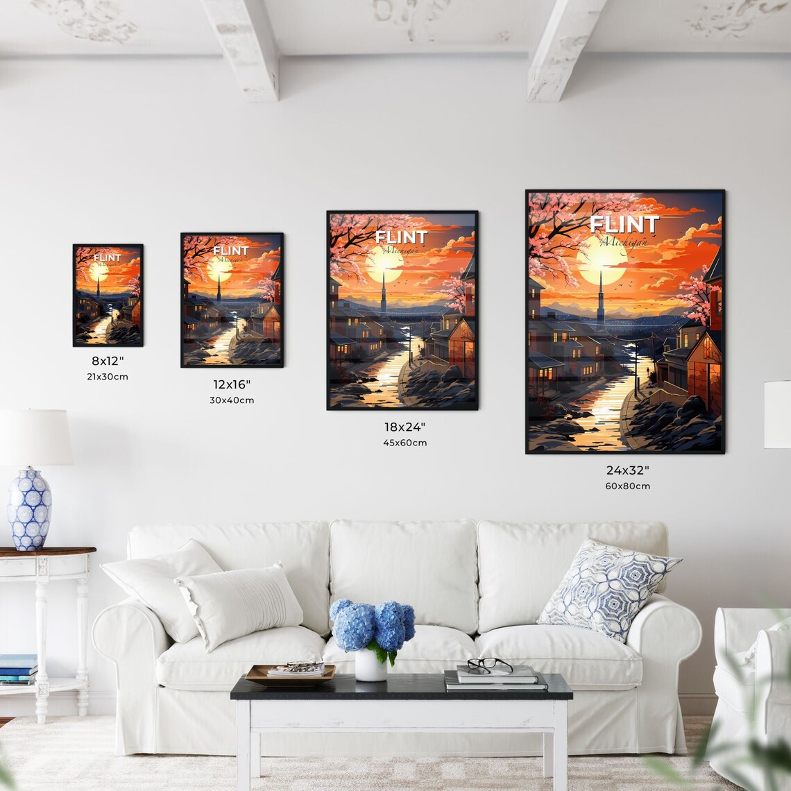 Flint Michigan Sunset River Street Blossom Town View Travel Poster - Image 3