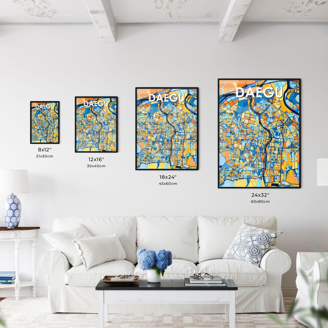 Daegu South Korea Stylish Vibrant Blue and Orange Mosaic City Map Poster - Image 3