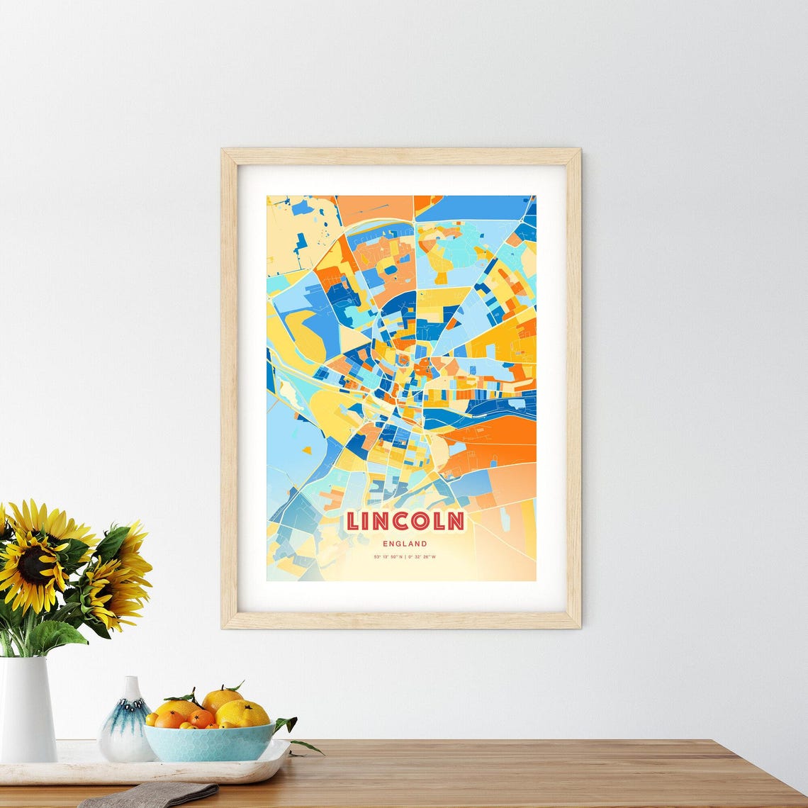 Lincoln England Colorful Blue Orange City Map Artwork Poster - Image 2