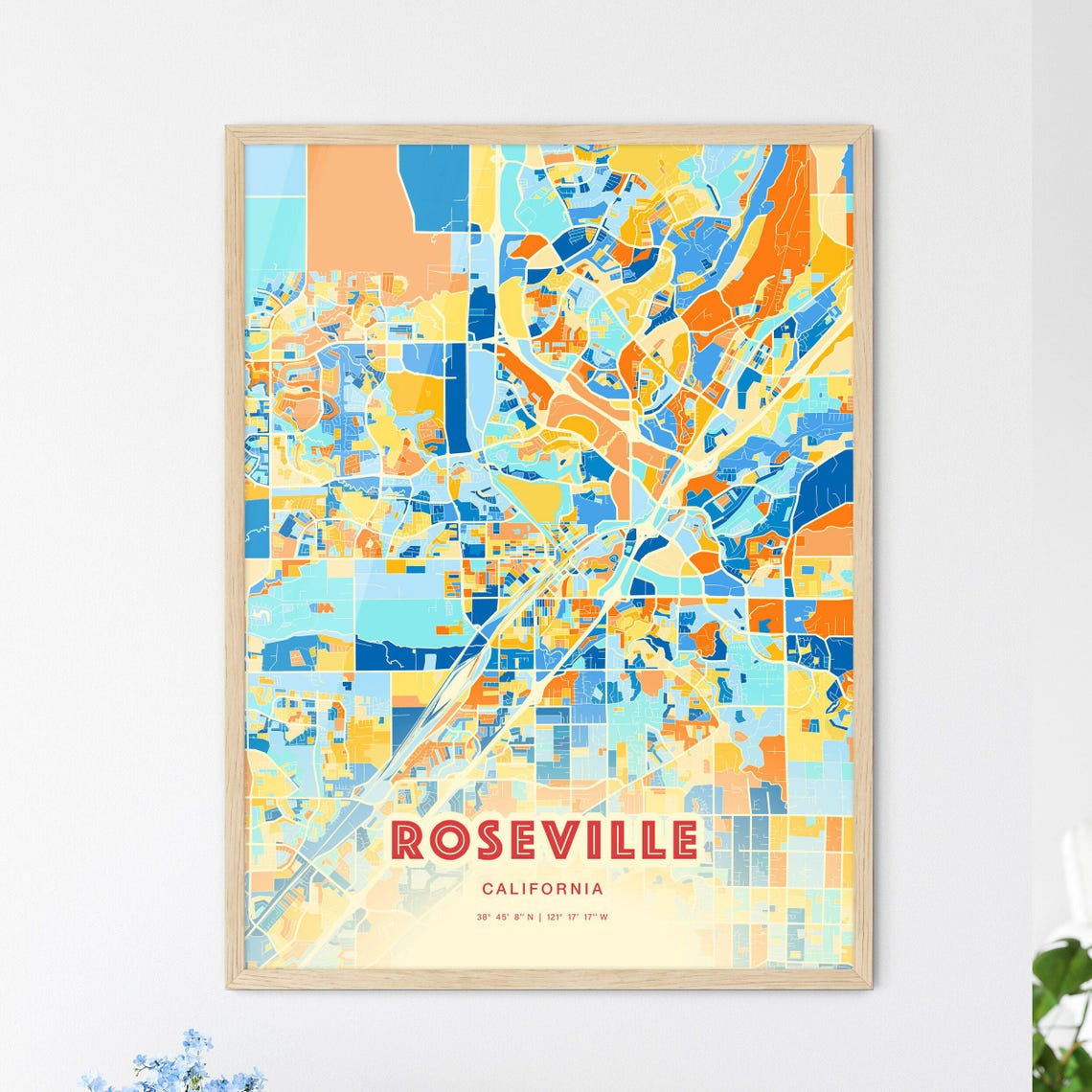 Roseville California City Map Art Poster Blue Orange Street Style
