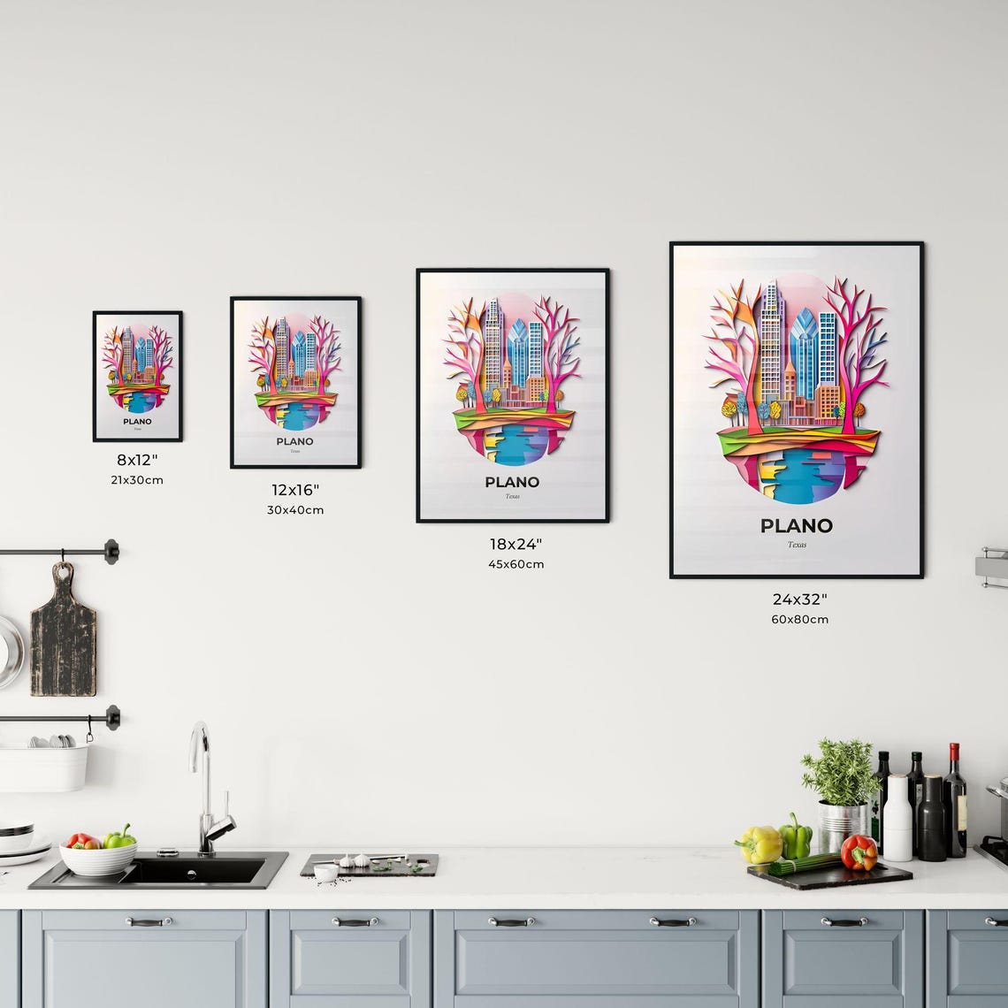 Plano Texas Colorful 3D Paper Cut Skyline Trees Lake Art Poster - Image 3