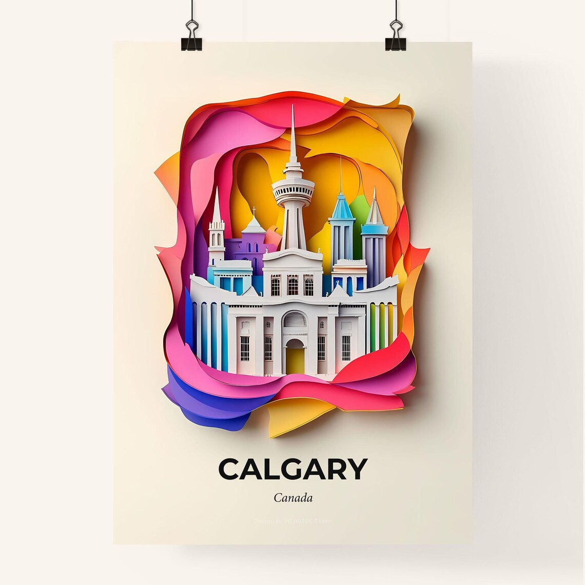 Calgary Tower Canada Colorful Papercut Skyline Travel Poster - Image 4