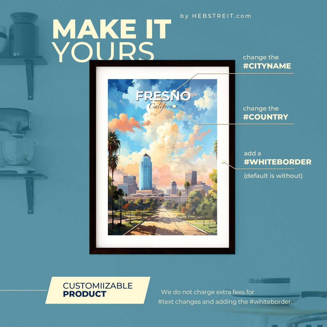 Fresno California Poster Illustrated City Skyline Palm Trees Travel Art - Image 2