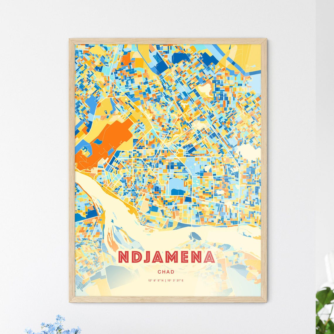 Ndjamena Chad City Map Blue Orange Modern Cartography Art Poster