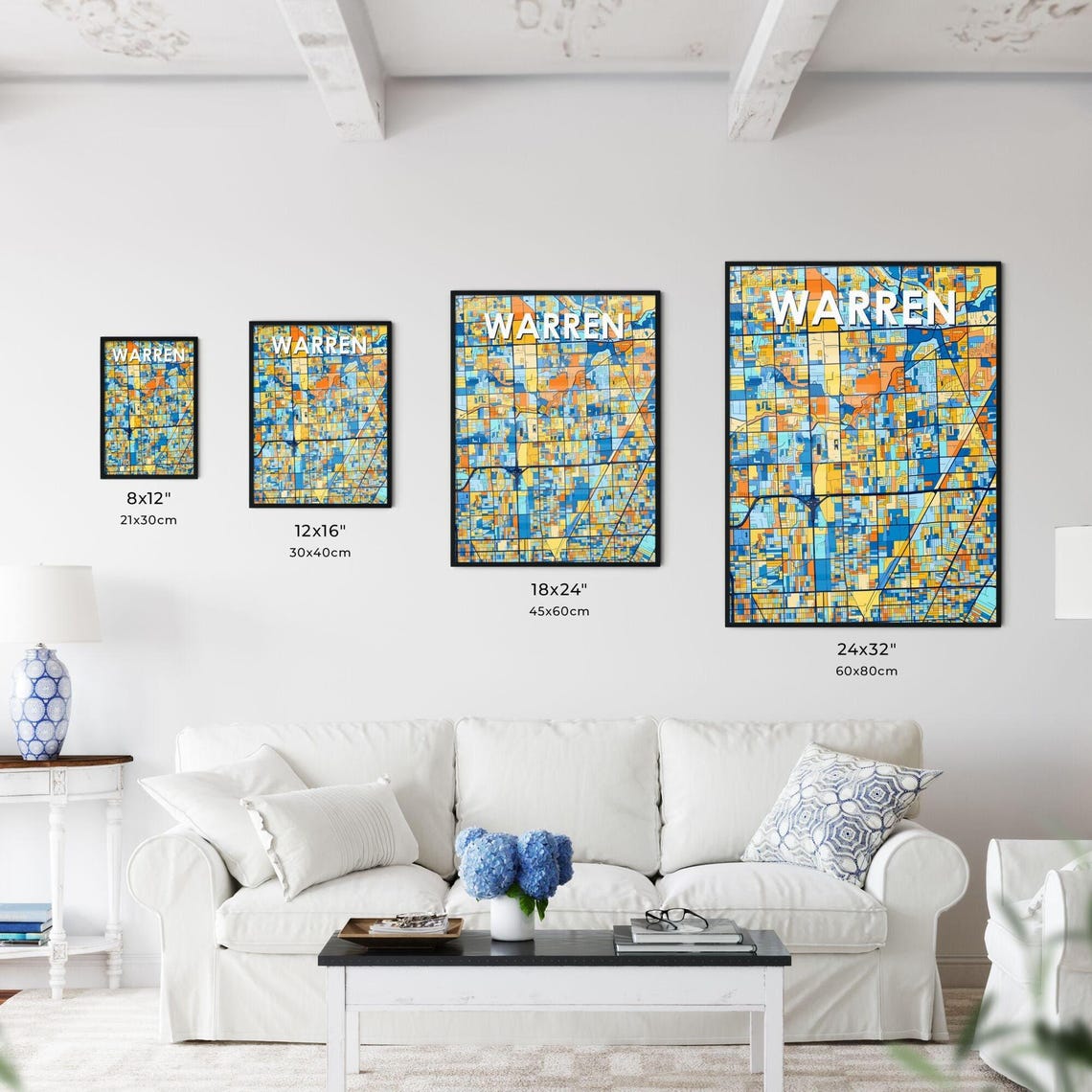 Warren Michigan Stylish Vibrant Blue and Orange Mosaic City Map Poster - Image 3