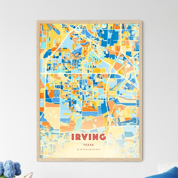 Irving Texas Colorful City Map Poster Blue Orange Dallas Area Wall Decor