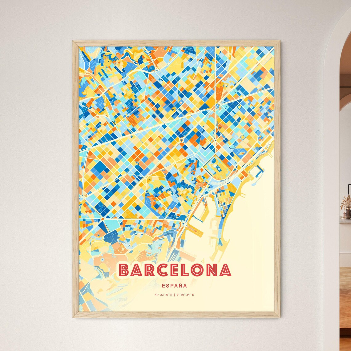 Vibrant Barcelona Spain Blue Orange City Street Map Art Poster