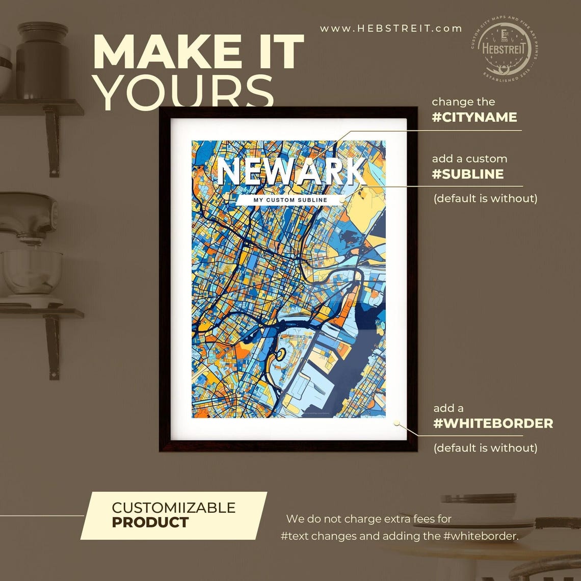 Newark New Jersey Vibrant Stylized Blue and Orange City Map Poster - Image 2