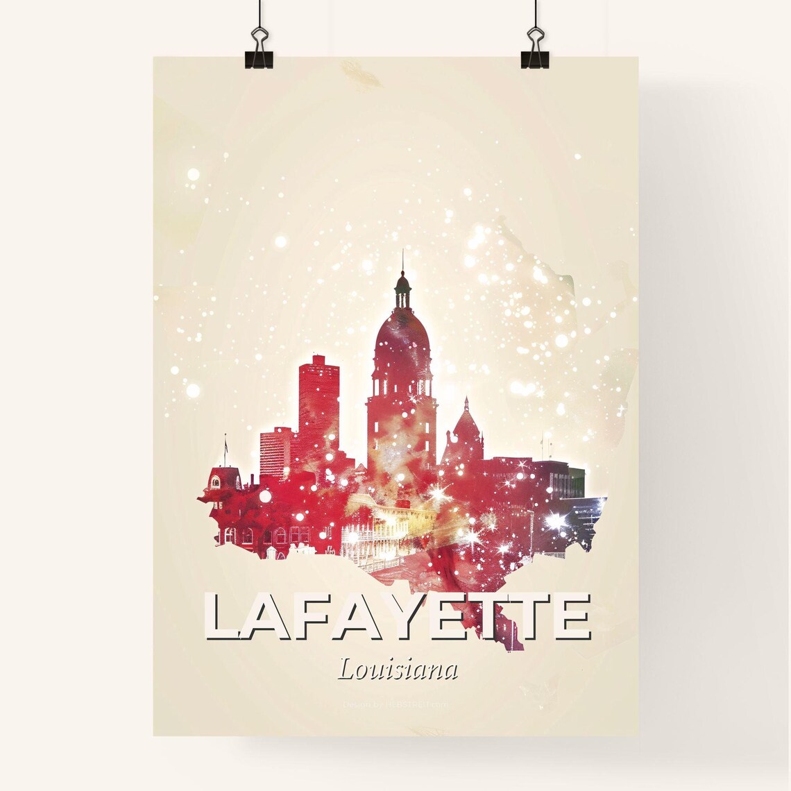 Lafayette Louisiana Red Watercolor Skyline State Silhouette Art Poster - Image 4