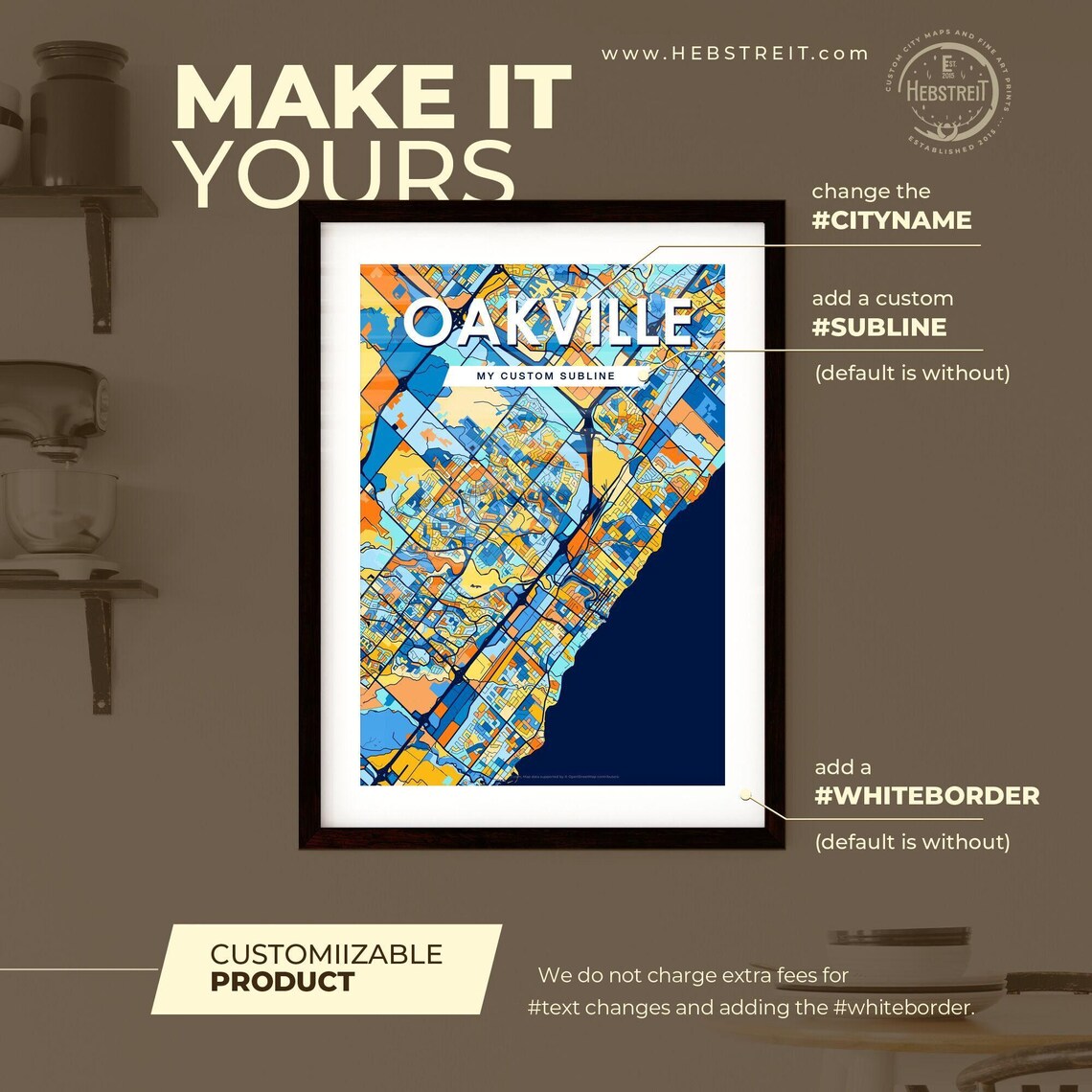 Oakville Canada Bold City Map Art Poster in Navy Orange and Yellow - Image 2