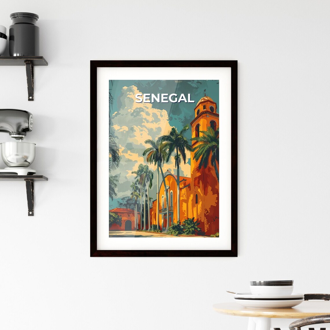 Senegal Orange Colonial Church Palm Trees Vintage Style Poster - Image 2