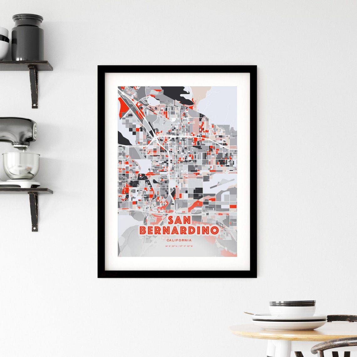 San Bernardino California Expressive Red Abstract City Map Art Poster - Image 2