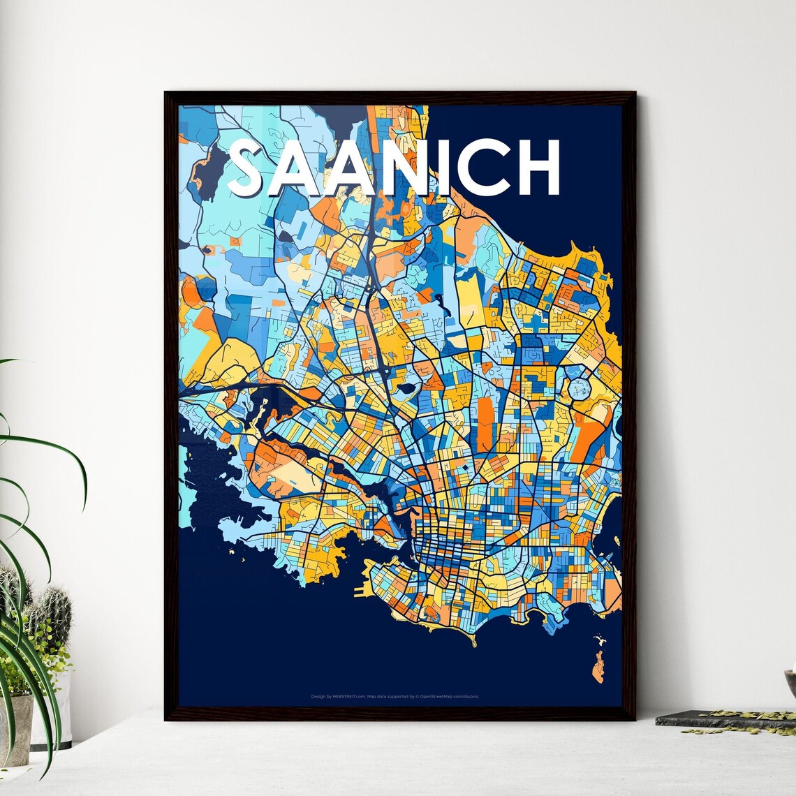 Saanich Canada Bold City Map Art Poster in Navy Orange and Yellow