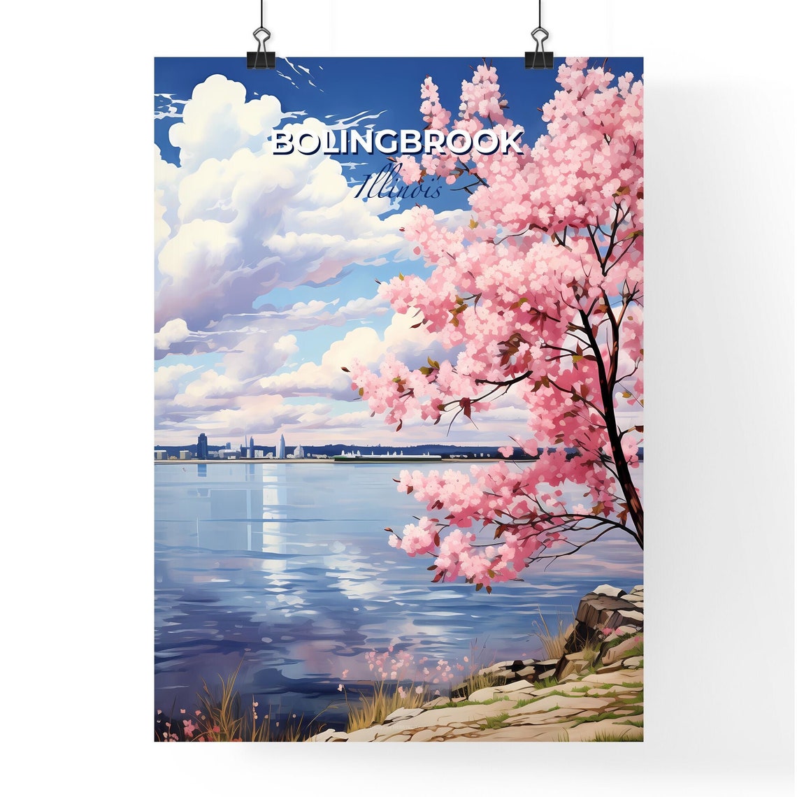 Bolingbrook Illinois Lakeside Cherry Blossom Skyline View Poster - Image 4