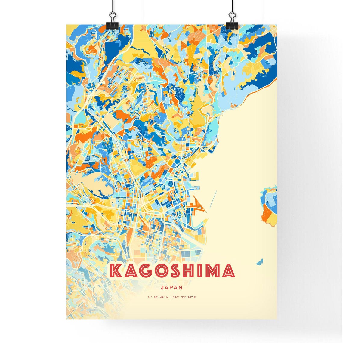 Kagoshima Japan City Map Art Poster Blue Orange Street Style - Image 3