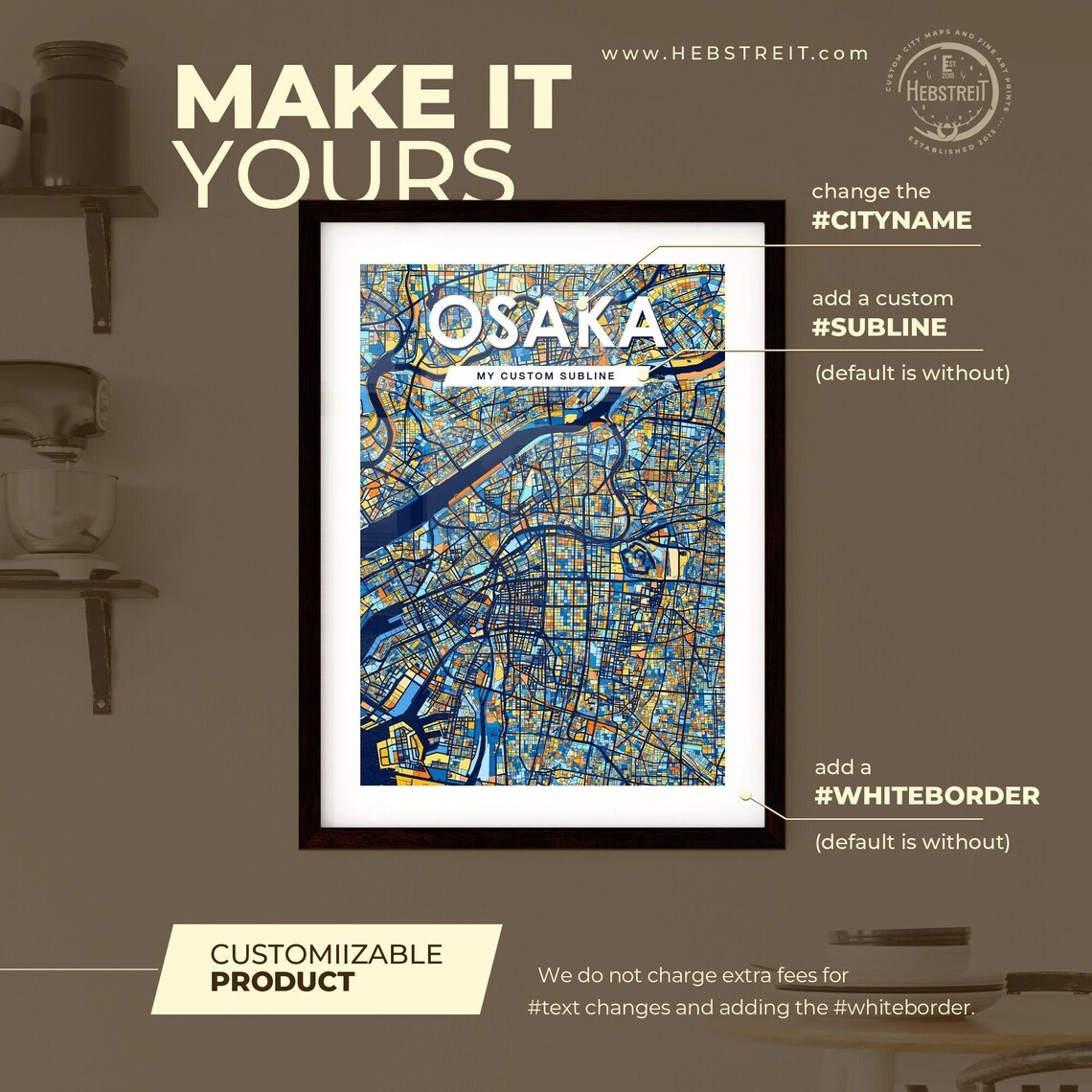 Osaka Japan Stylish Vibrant Blue and Orange Mosaic City Map Poster - Image 2