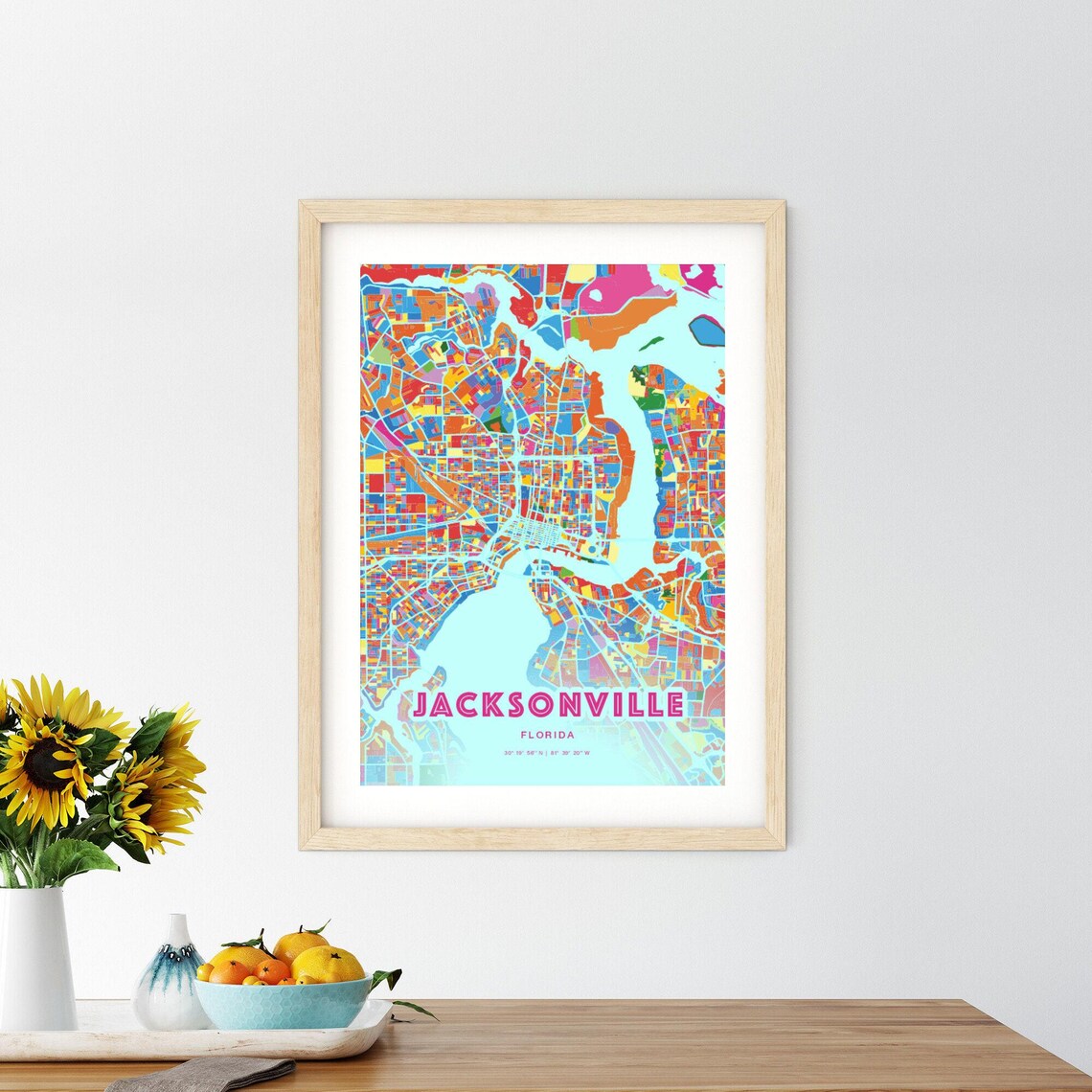 Jacksonville Florida Colorful City Map Art Poster in Pink and Turquoise - Image 2