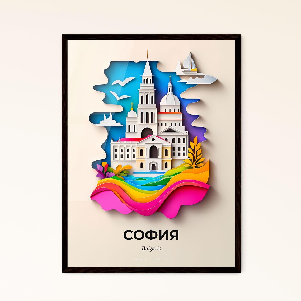 Sofia Bulgaria Church Seagulls Colorful Paper Cut Art Poster