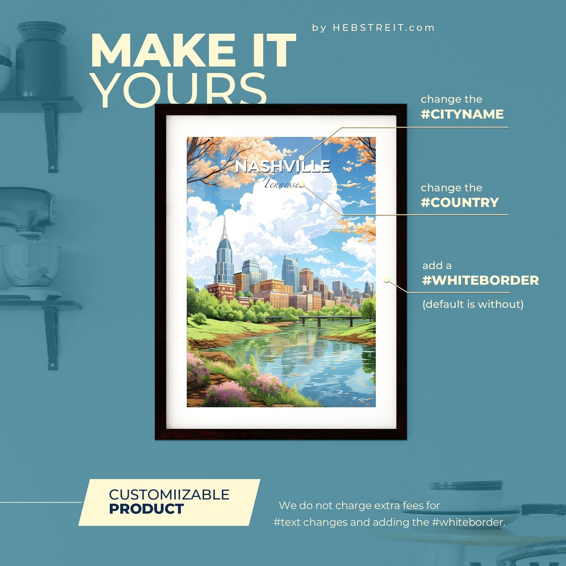 Nashville Tennessee Skyline Travel Poster Riverside City Spring Blossom Art - Image 2