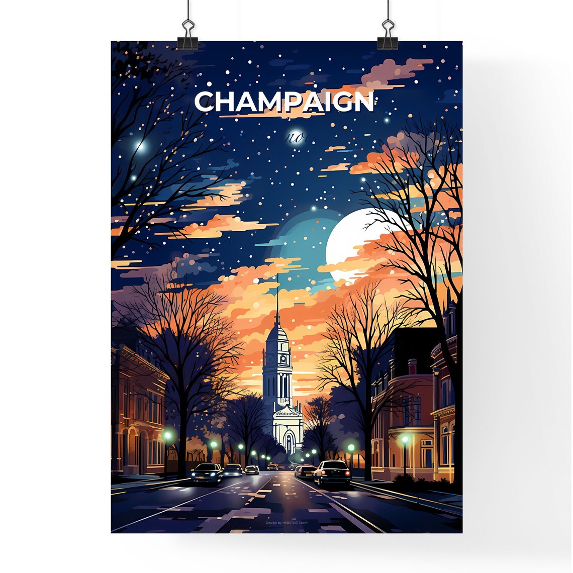 Champaign Illinois Moonlit Downtown Street Large Moon Night Poster - Image 4