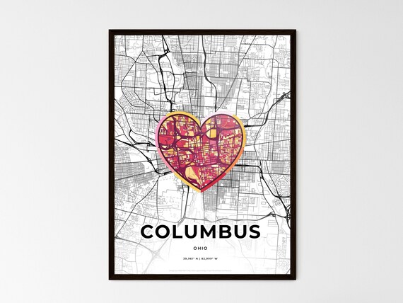 Columbus Ohio Minimal City Map Colorful Heart Icon Art Poster