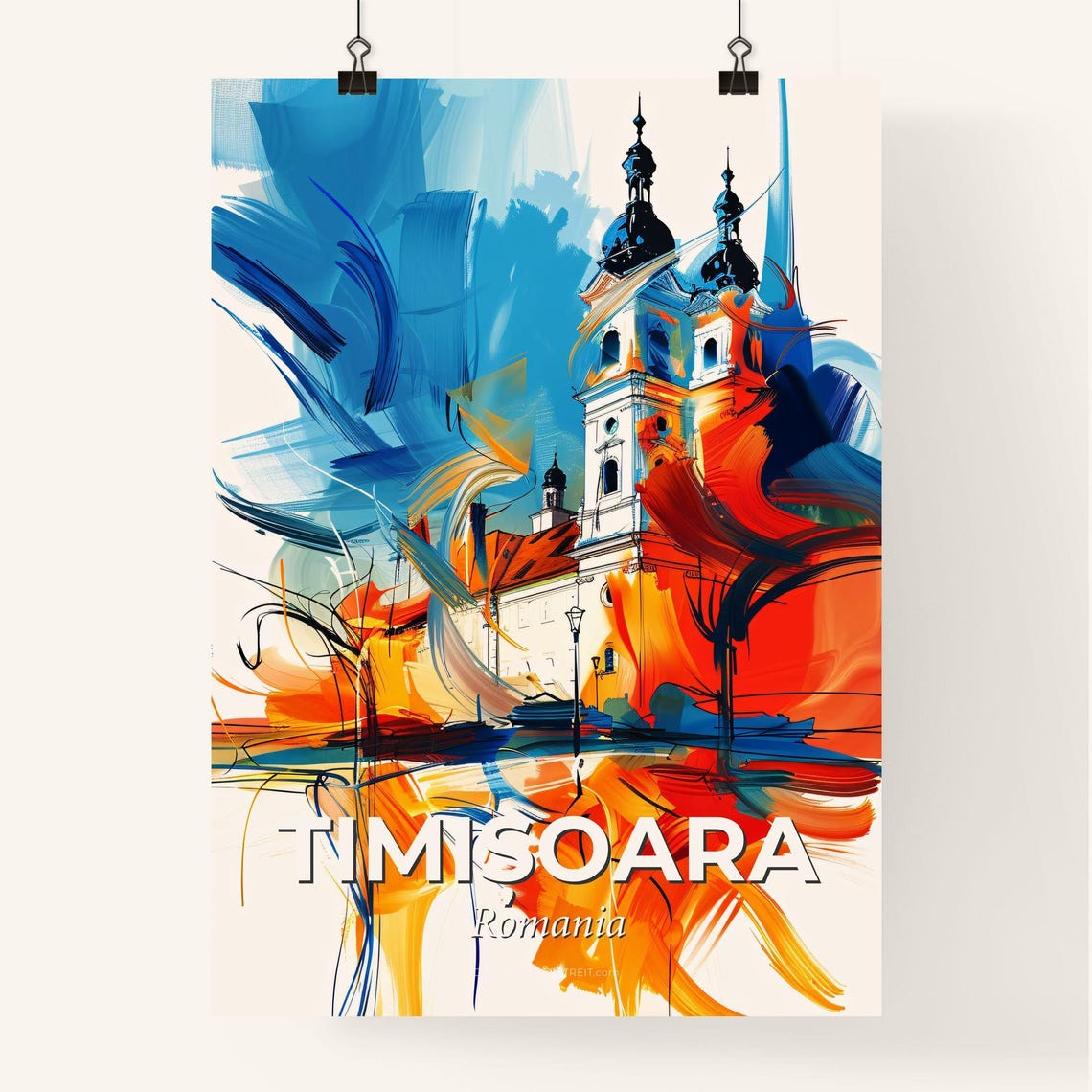 Timisoara Romania Colorful Abstract White Church Towers Art Poster - Image 4