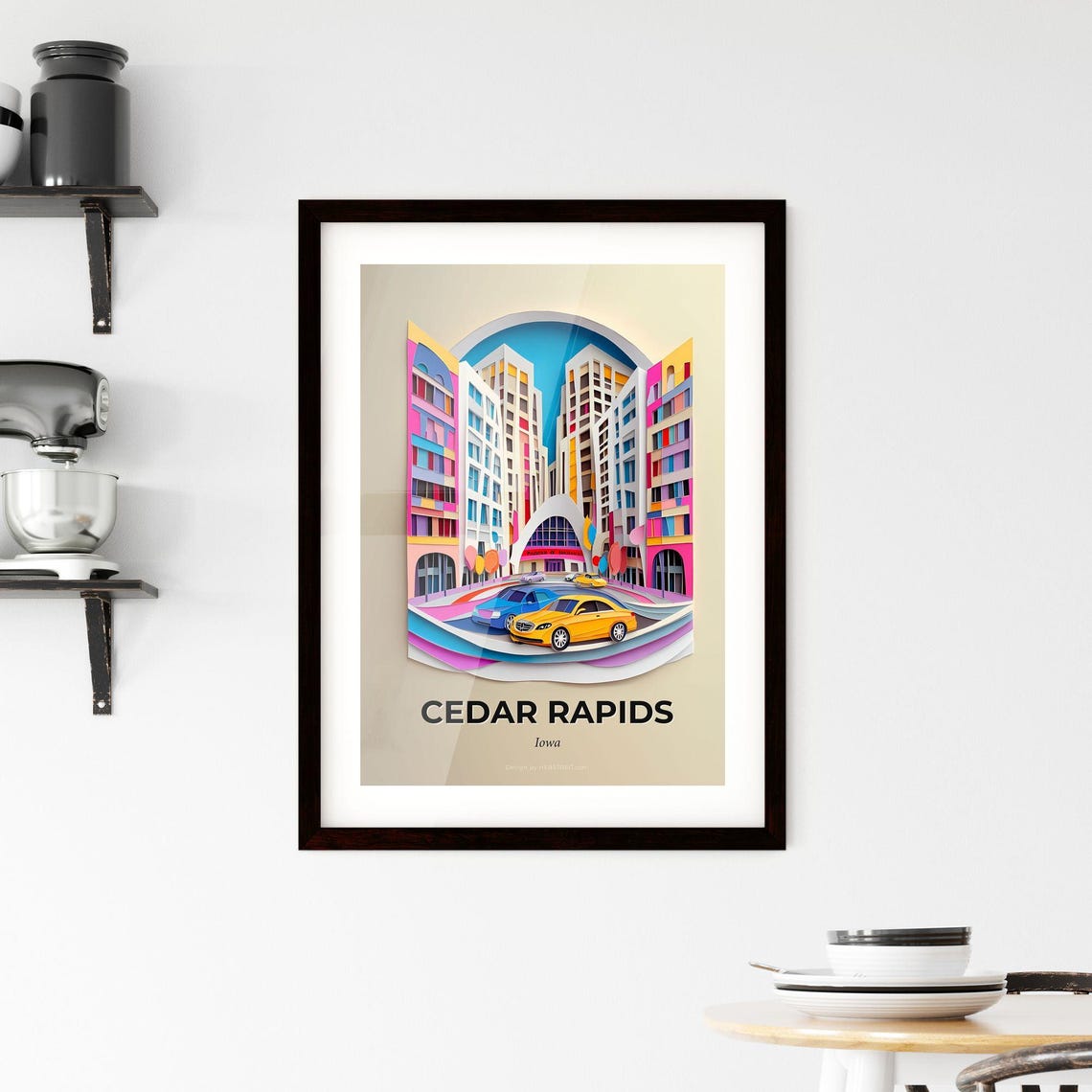Cedar Rapids Iowa Colorful Paper Cut Vibrant Downtown Street Poster - Image 2