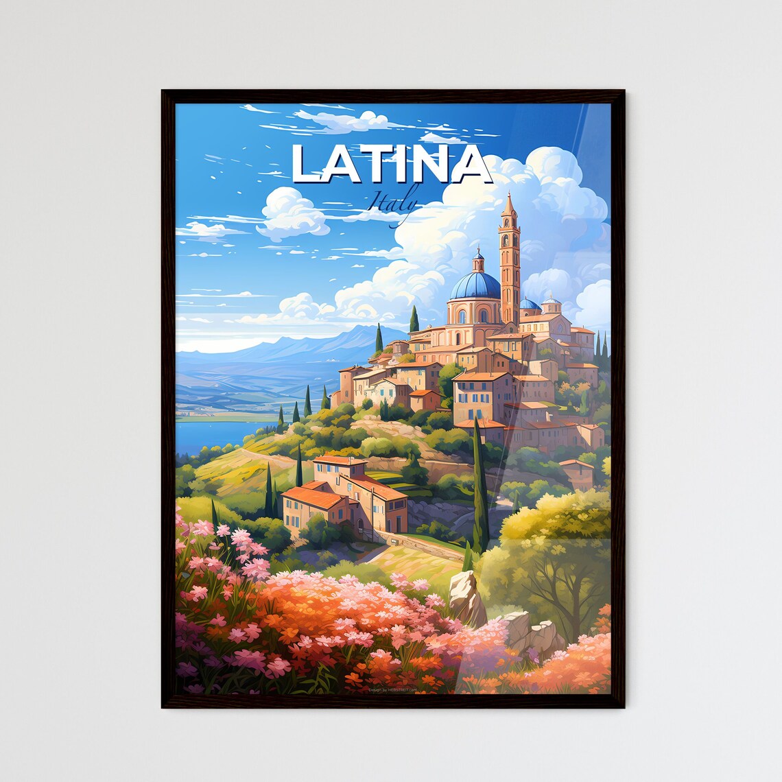 Latina Italy Hilltop Old Town Church Spring Flowers Travel Poster