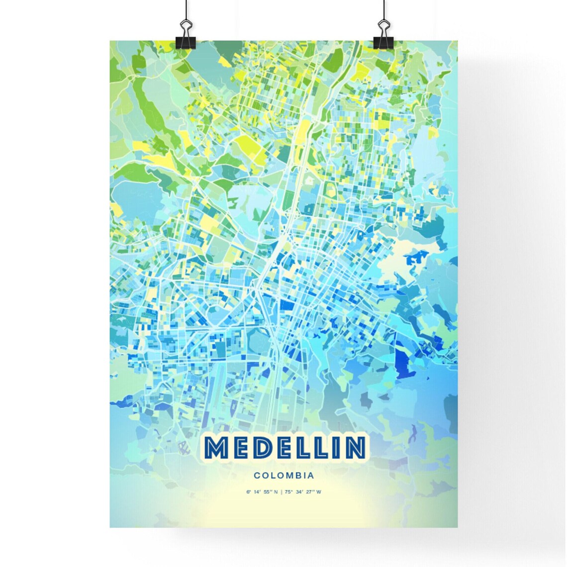 Medellin Colombia Abstract City Map Art Blue Green Pastel Travel Poster - Image 2