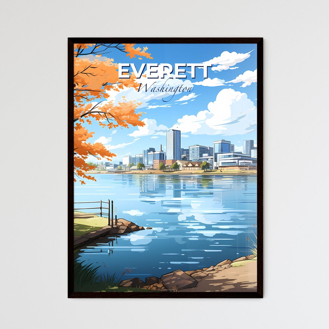 Everett Washington Autumn Waterfront Skyline Reflection Poster