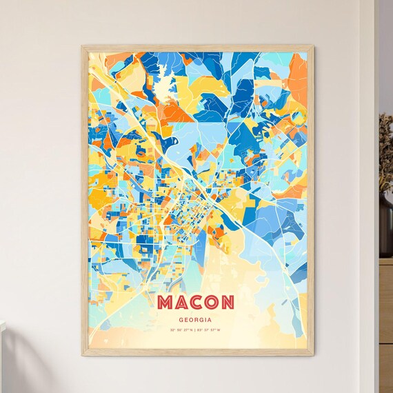 Macon Georgia Vibrant Colorful Blue Orange City Map Art Poster Decor
