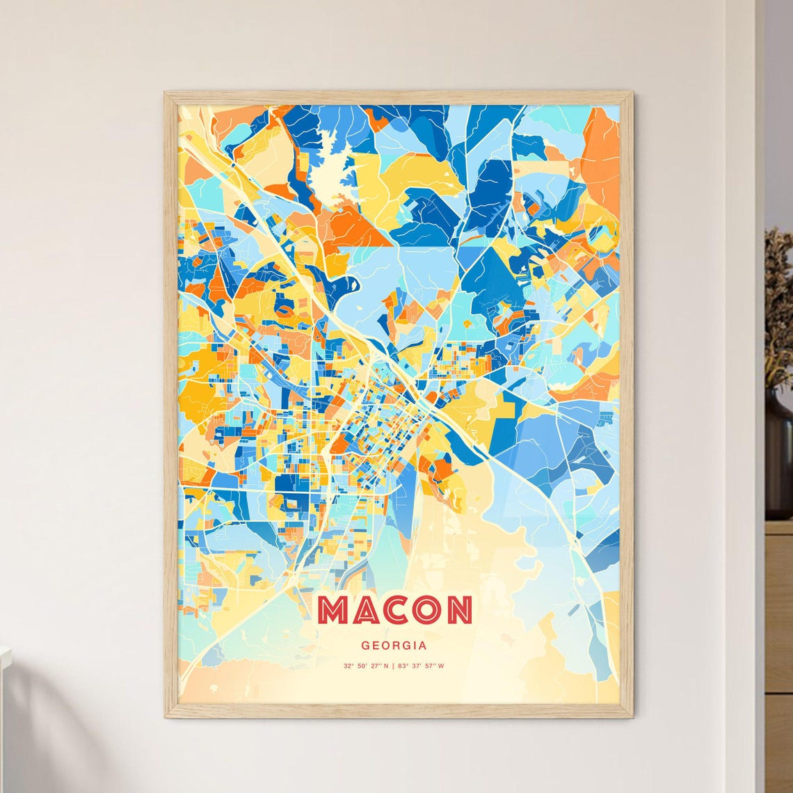 Macon Georgia Vibrant Colorful Blue Orange City Map Art Poster Decor