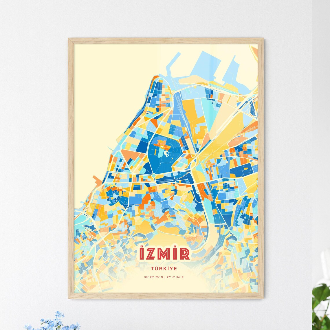 Izmir Turkiye Blue Orange Coastal City Map Art Poster for Home