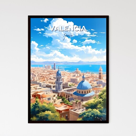 Valencia Spain City Skyline Blue Dome Coastline Travel Poster Art