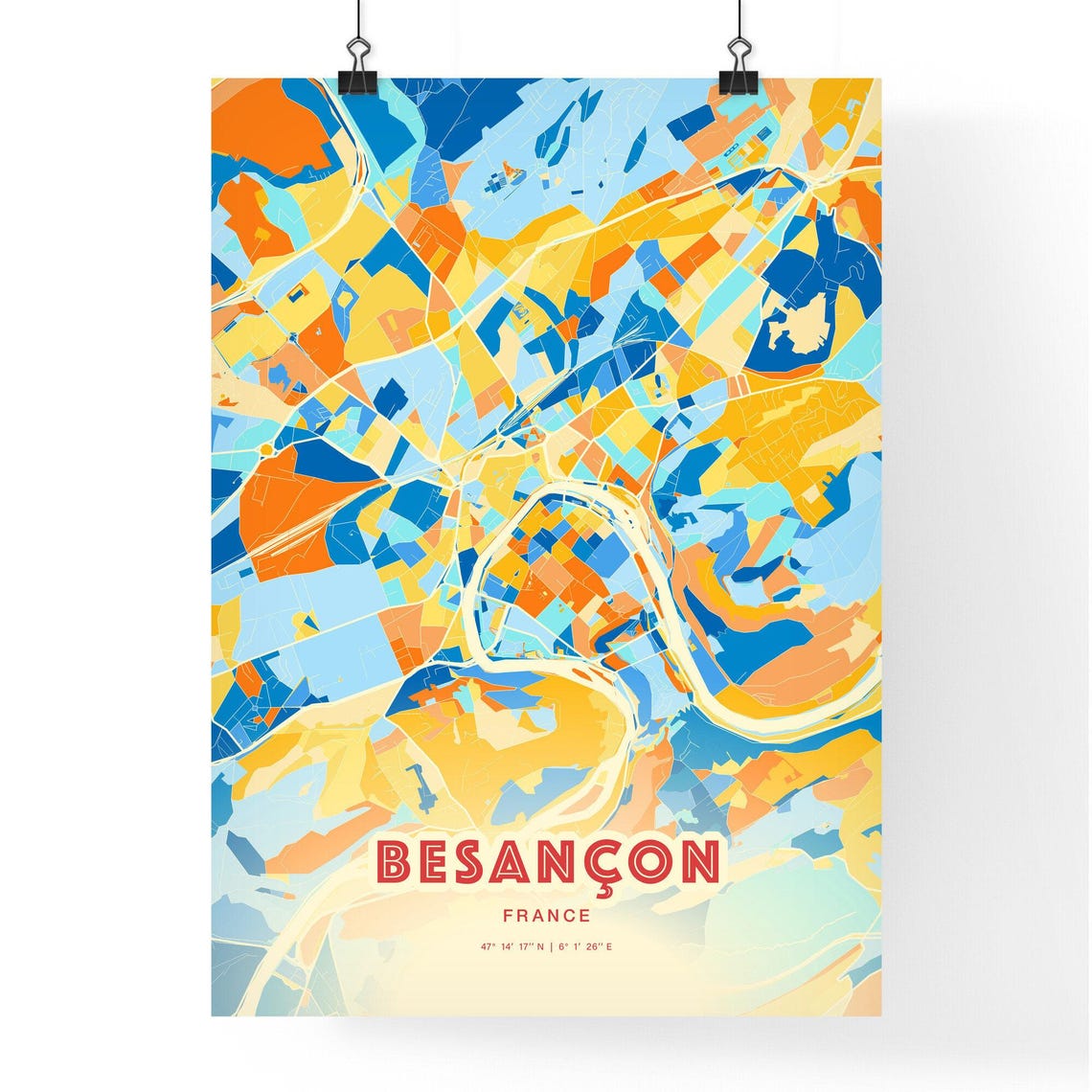 Besançon France Colorful Blue Orange Map Art Poster Wall Decor - Image 3