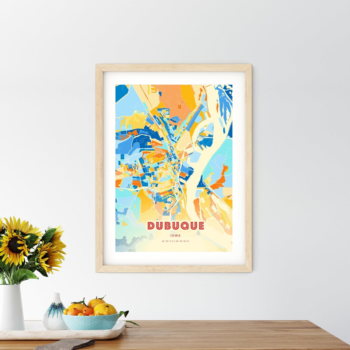 Dubuque Iowa Colorful Blue and Orange Retro City Street Map Wall Art - Image 2