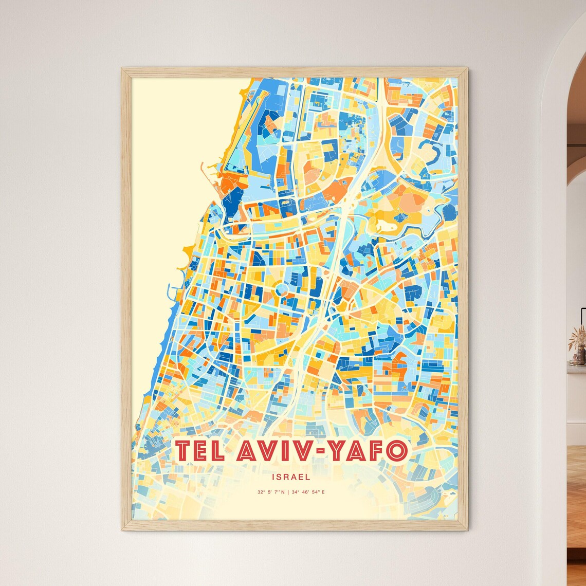 Tel Aviv Yafo Israel Colorful Blue Orange Modern City Map Poster