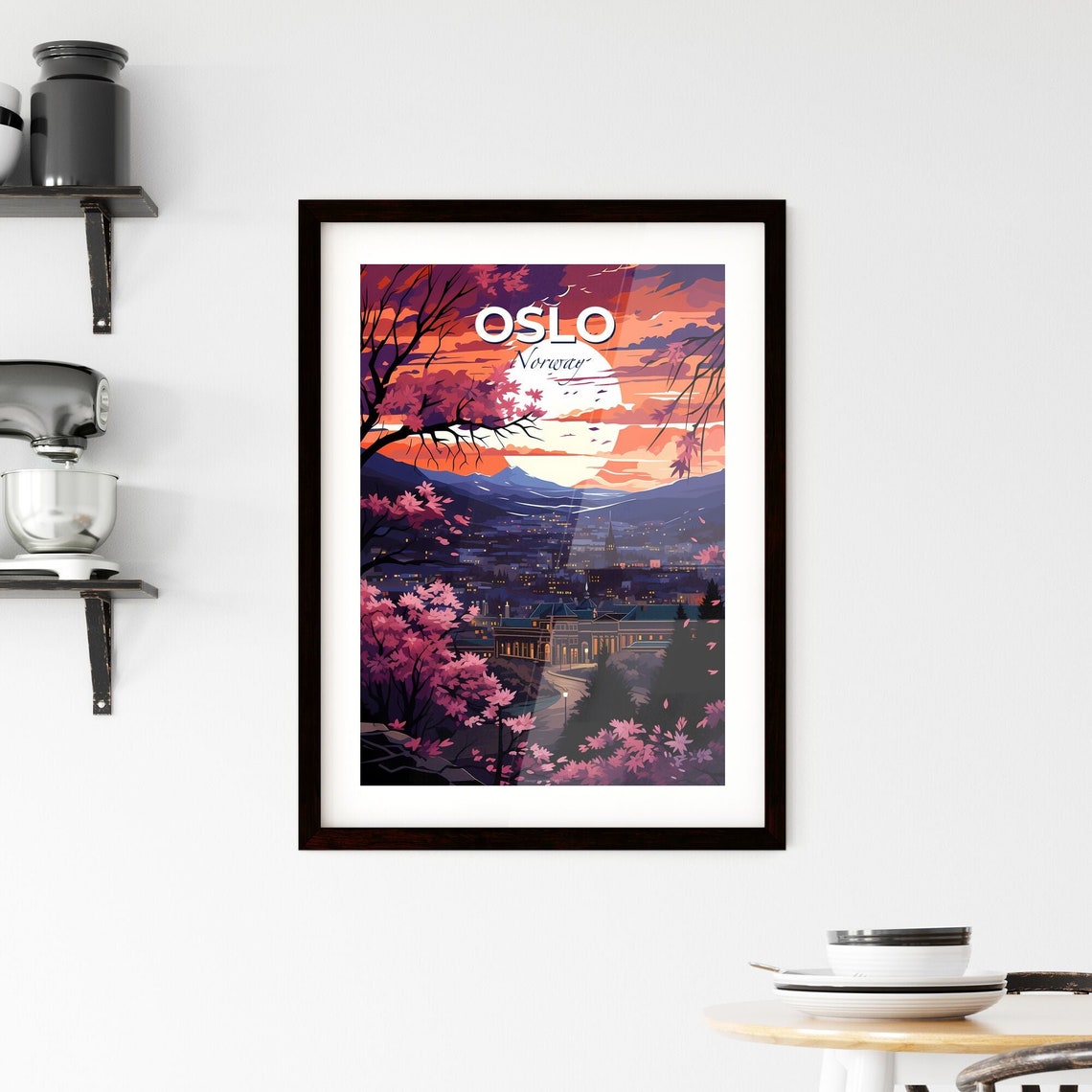 Vivid Oslo Norway Moonlit City Cherry Blossom Mountain Poster - Image 2