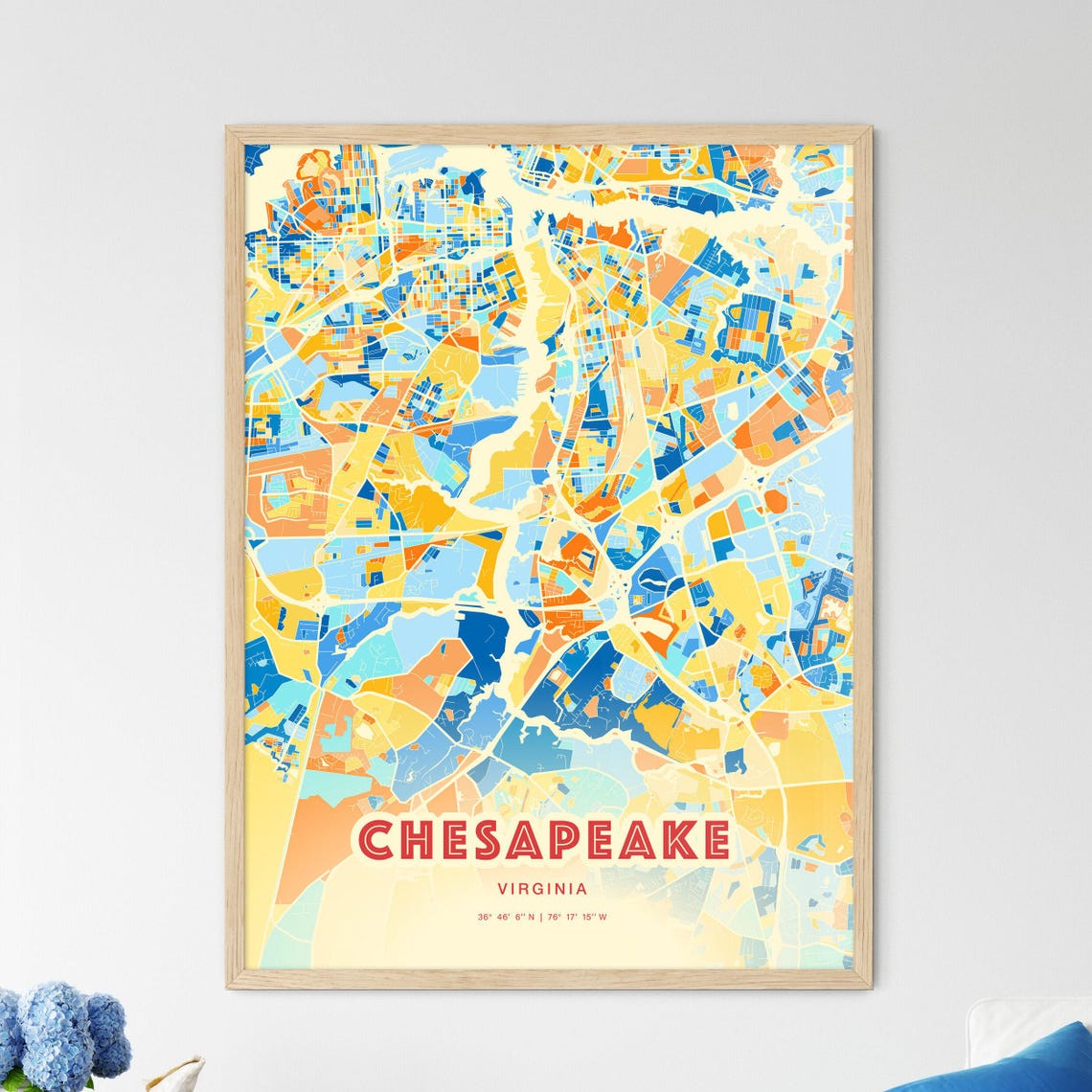 Chesapeake Virginia Colorful Blue Orange Fine Art City Map Poster