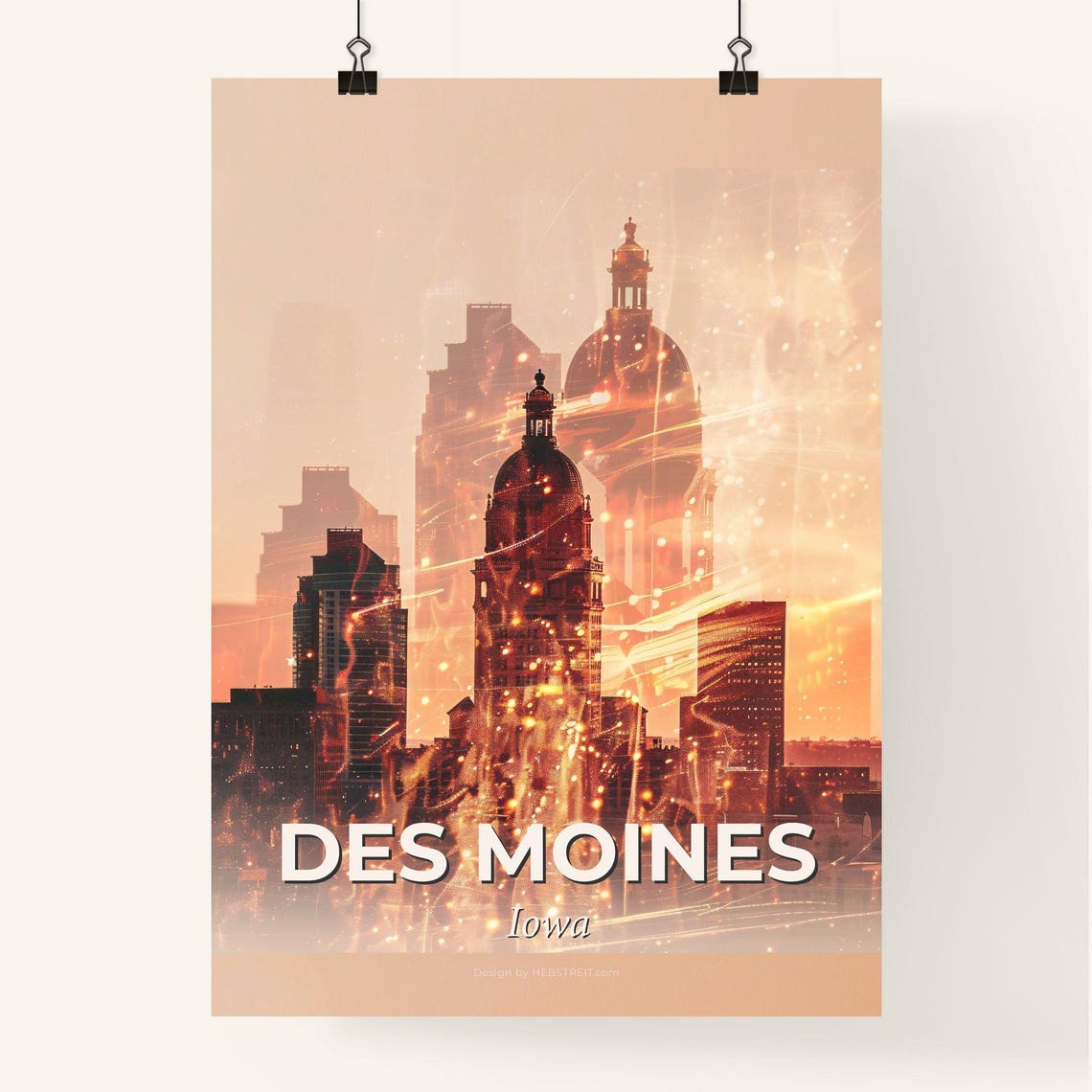 Des Moines Iowa Golden Hour Skyline Domed Landmarks Art Poster - Image 4