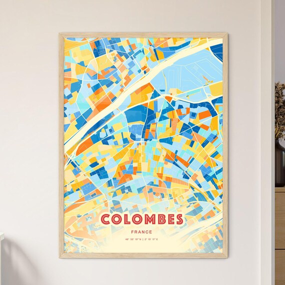 Colombes France Colorful Blue Orange Map Art Poster Wall Decor