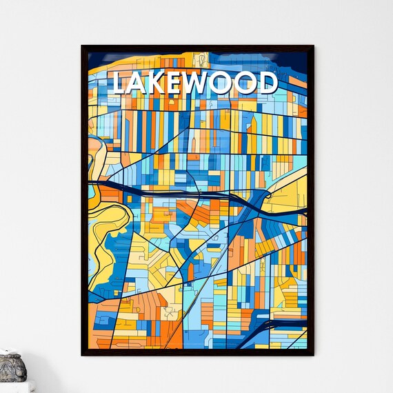 Lakewood Ohio Vibrant Geometric City Map Art Poster in Blue and Orange