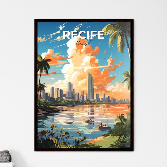 Recife Brazil Skyline Travel Poster Tropical Sunset Palm Trees Waterfront Art