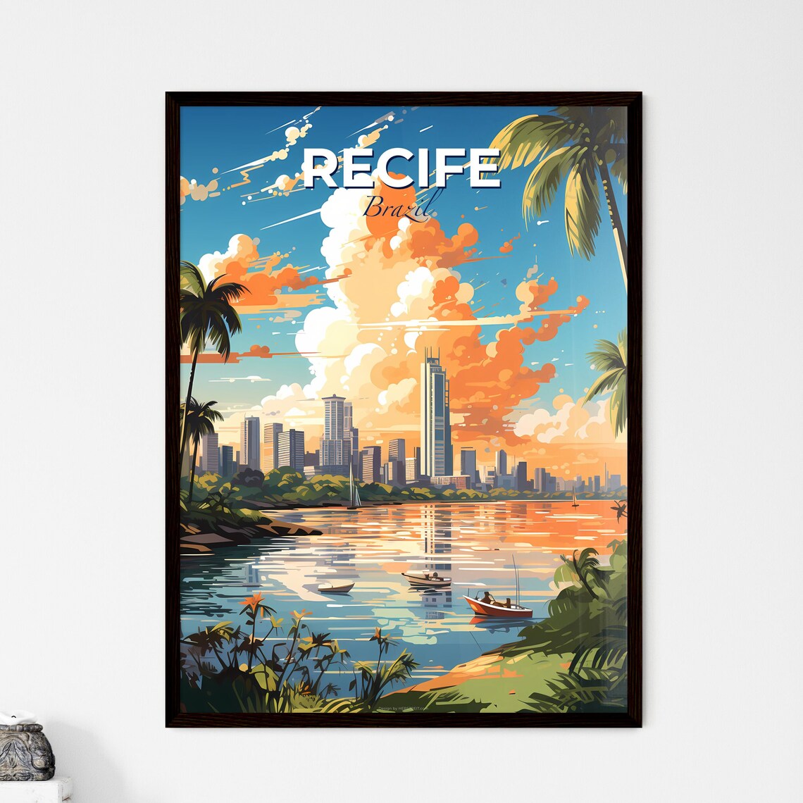 Recife Brazil Skyline Travel Poster Tropical Sunset Palm Trees Waterfront Art