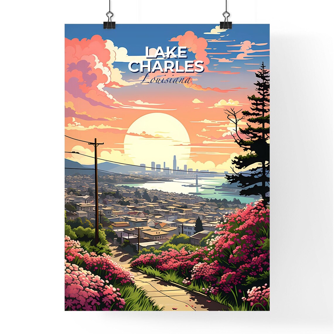 Lake Charles Louisiana Sunset Hilltop Blossom View Travel Poster - Image 4