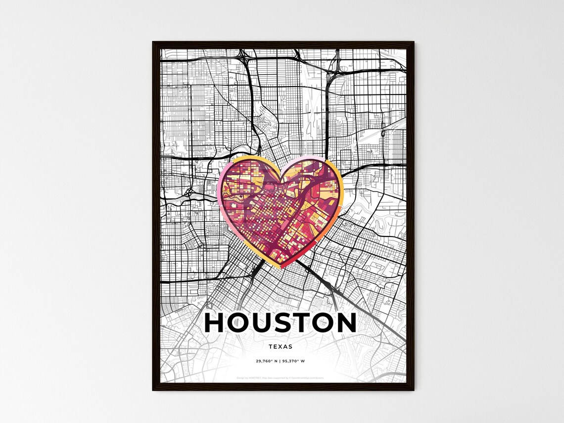 Houston Texas Minimal City Map Colorful Heart Icon Art Poster