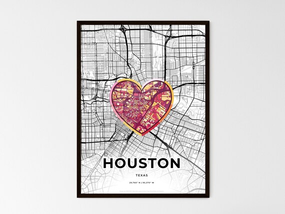 Houston Texas Minimal City Map Colorful Heart Icon Art Poster